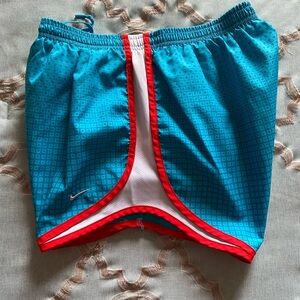 Nike Tempo Dri-Fit Teal, Red & White Geometric Running Shorts Womens Size Medium